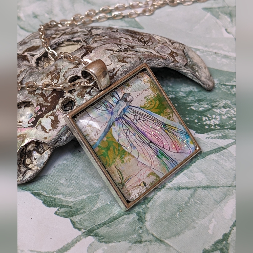 NEW Beautiful handmade glass tile dragonfly necklace with glitter accents.